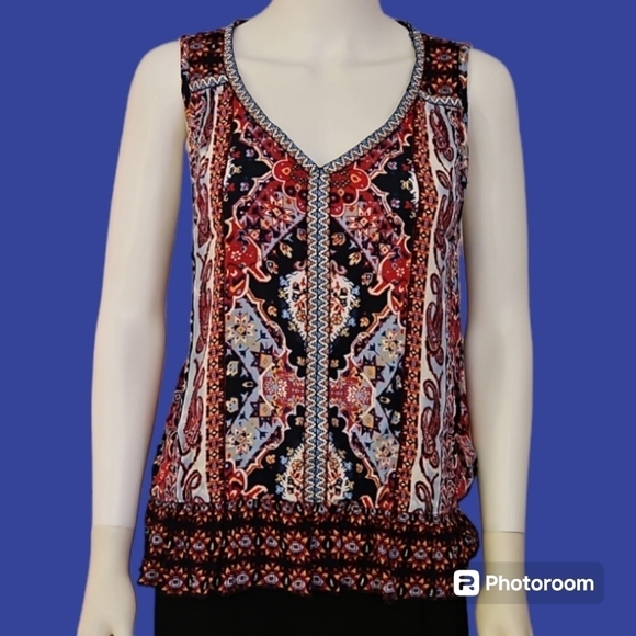 BILA Ethnic Oversized Broomstick Sleeveless Ruffle V-neck Boho Blouse - Picture 1 of 8